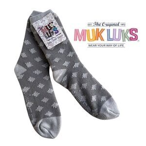The Original Muk Luks Cozy Lined Socks Gray Geometric Print  Gripped Socks OSFM